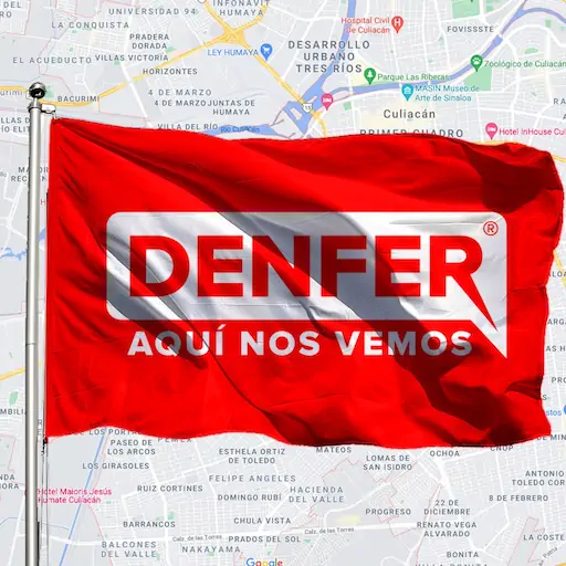 Logotipo Denfer en bandera sobre mapa de Culiacán – marca con frase propia, lista para su registro de slogan con SmartBrand360
