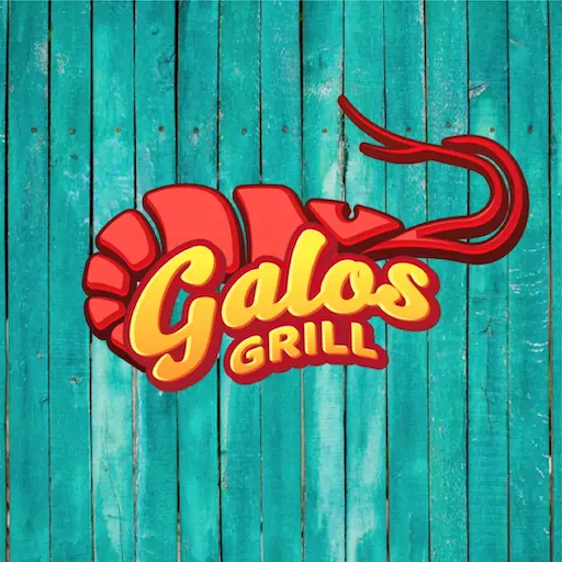 Logotipo Galos Grill con camarón sobre madera turquesa – diseño de SmartBrand360