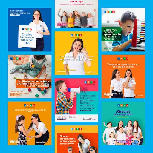 Collage de publicaciones de Centros CEPI sobre TEA y terapia – diseño de SmartBrand360