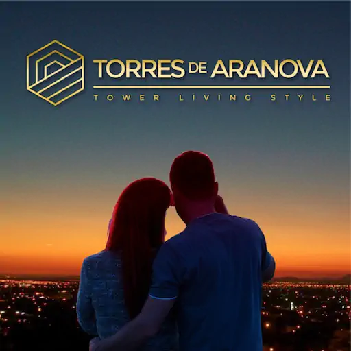 Pieza publicitaria Torres de Aranova con pareja al atardecer – diseño de SmartBrand360