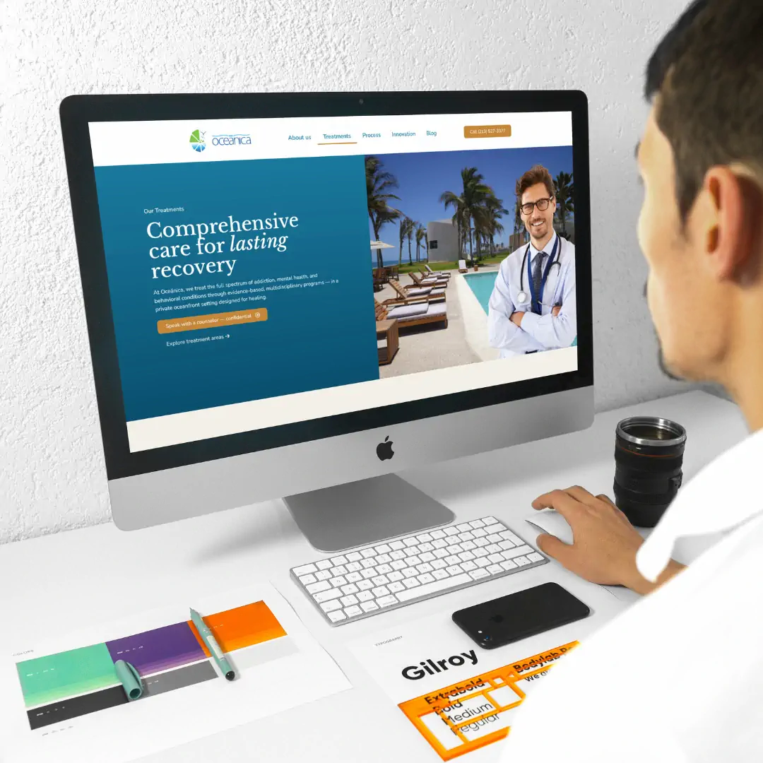 Rediseño del sitio web de Oceánica USA en iMac; centro de recuperación frente al mar – diseño de SmartBrand360