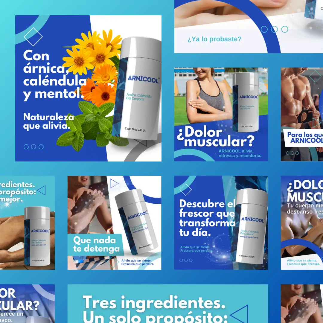 Campaña digital del gel muscular Arnicool, collage de publicaciones – diseño de SmartBrand360