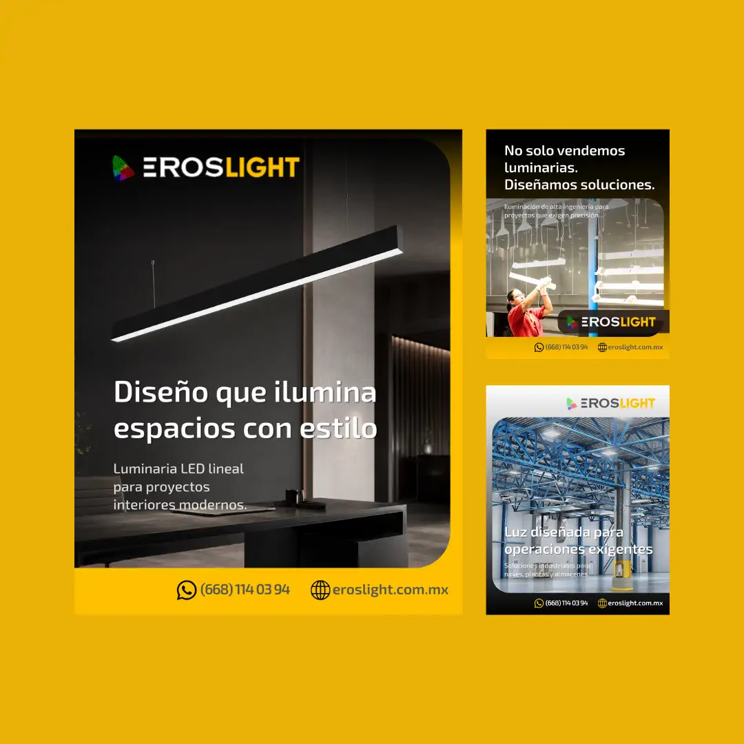 Propuestas de publicaciones de luminarias LED Eroslight – diseño de SmartBrand360