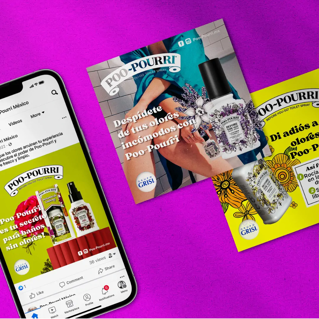 Propuestas de comunicación digital de Poo-Pourri en celular e impresos – diseño de SmartBrand360