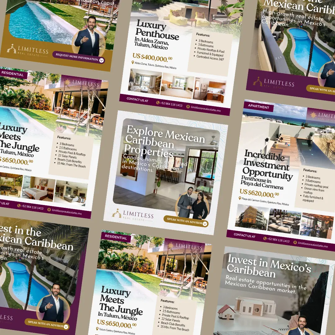 Collage de publicaciones en inglés de propiedades de lujo en el Caribe Mexicano – diseño de SmartBrand360
